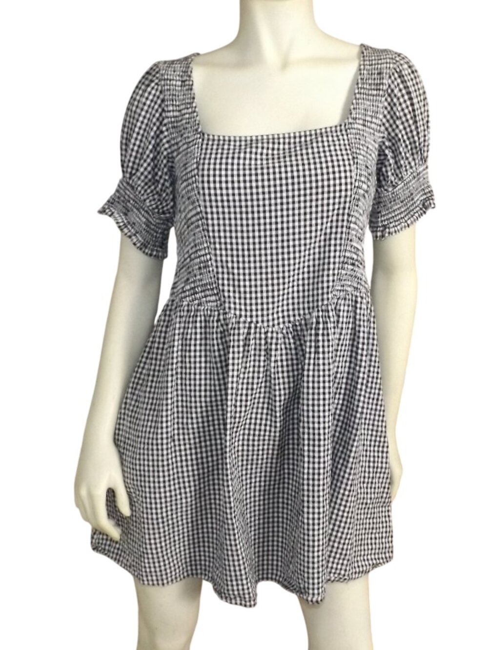 TECOVAS Mini Dress, L, Black, White Gingham, Smocked, Short Sleeve, Cotton